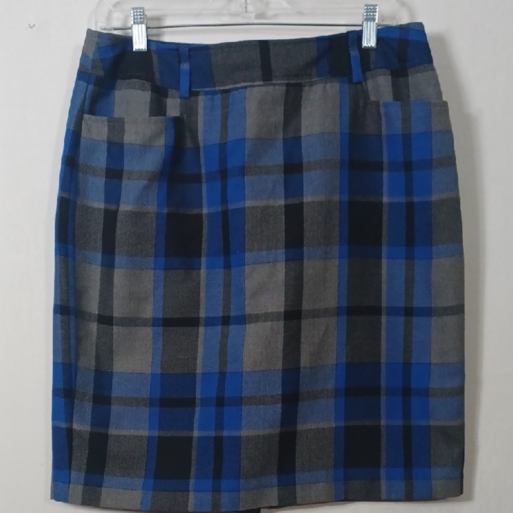 dressbarn Blue and Gray Plaid Pencil Skirt